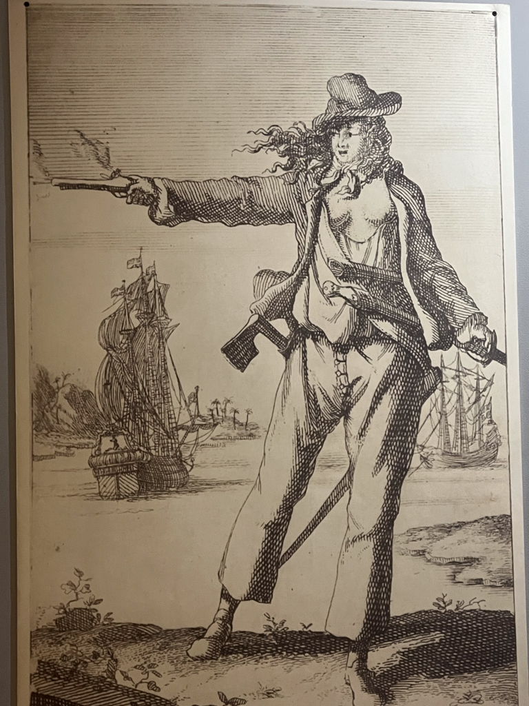 Drawing, depicting a female pirate shooting a pistol with pirate ships in the backgroud