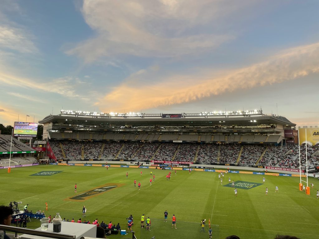 The All Blacks playing at Eden Park, looking out over Eden park Rugby Field