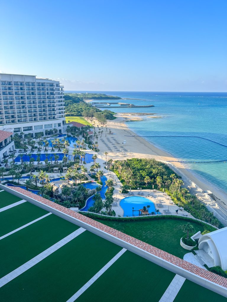 Looking from room balcony over mid-range resort in Okinawa