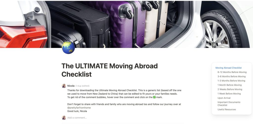 A screenshot of the Ultimate Moving Abroad Checklist on Notion, the Cover Photo is a bunch of suitcases in the back of a vehicle.
