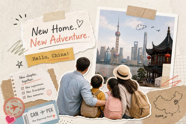 A pinboard with a photo of Shanghai Bund and a family looking towards it considering a move to China
